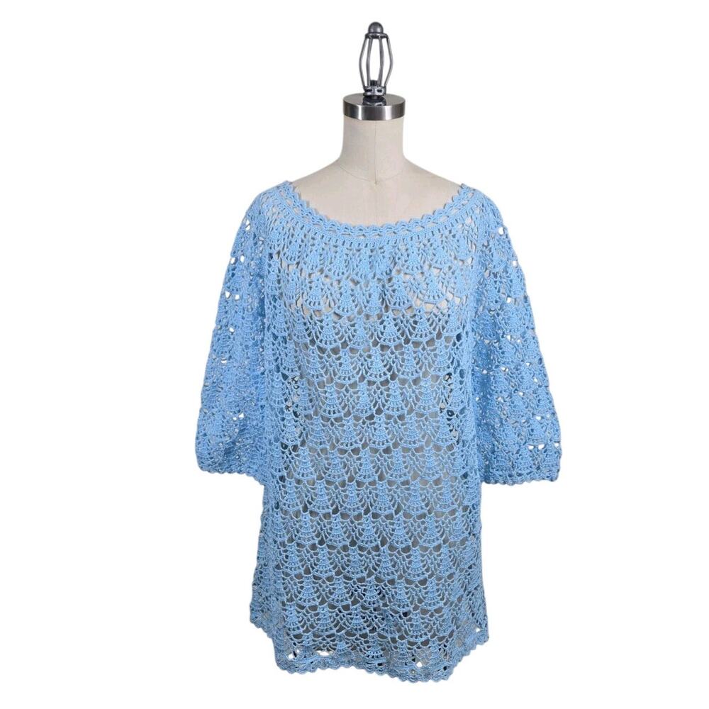 Handmade Crochet Top sz S Blue Scalloped Boho Cottagecore Knit Sweater Romantic